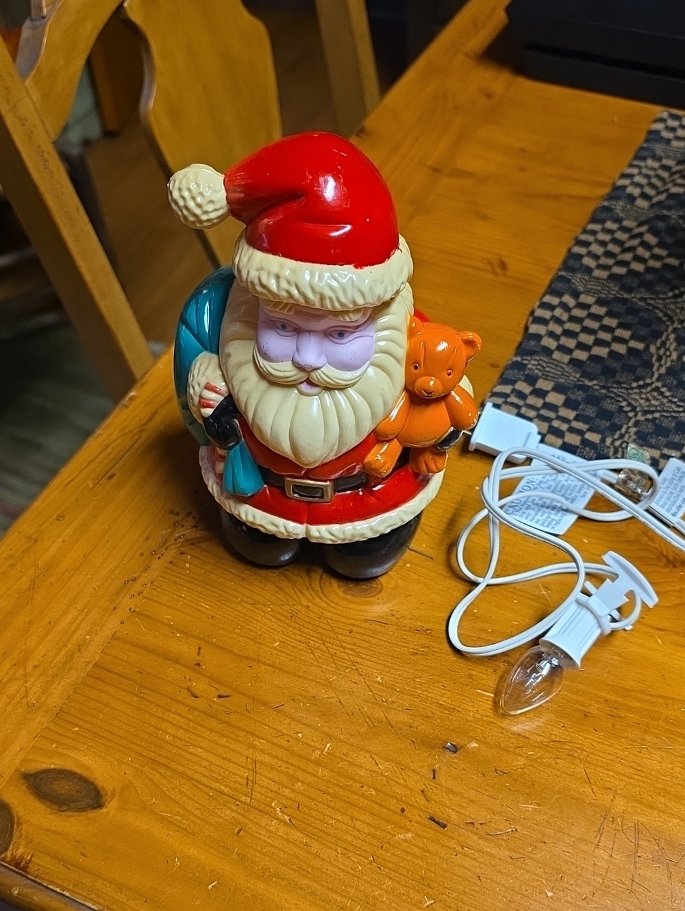 Vintage Blowmold Red Santa Figurine with Orange Teddy - Holiday Decor